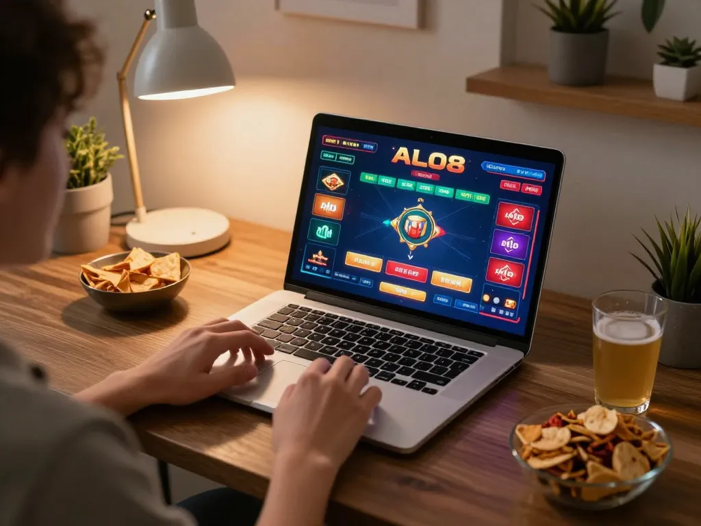 Player engaging with ALO8 online casino game on laptop at cozy home setup.