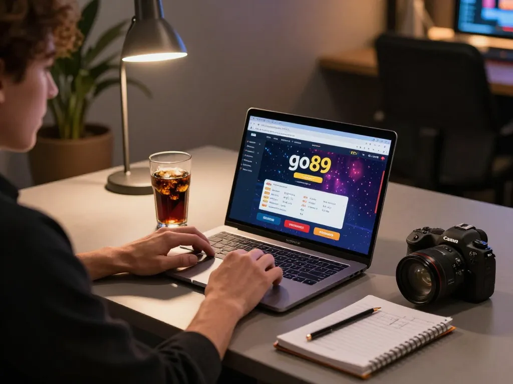 Player engaging with go89 online casino platform during evening gaming session at home.
