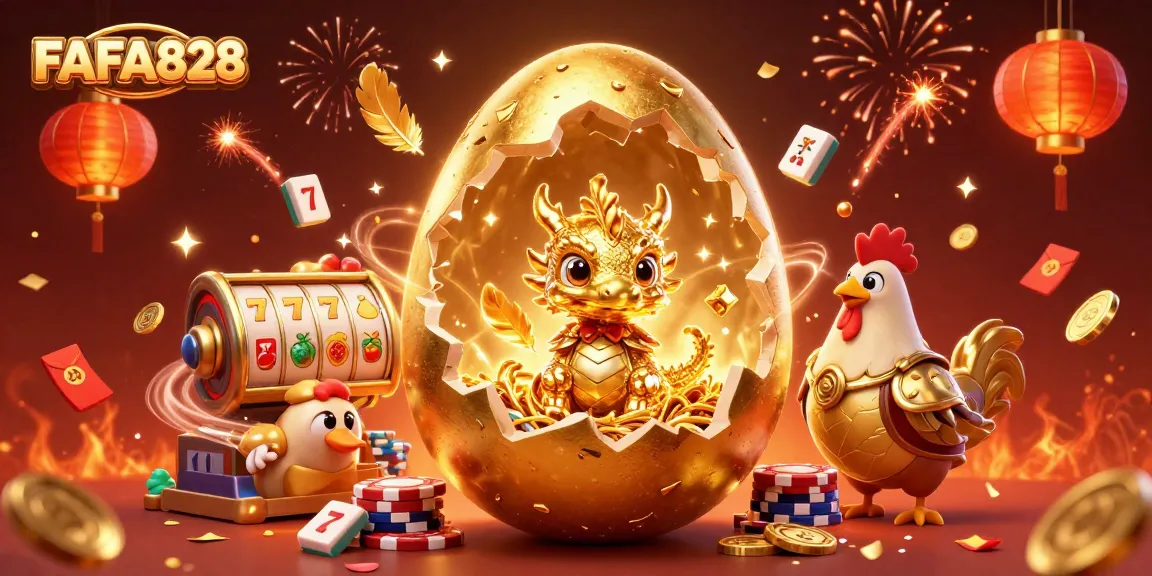 Play with FAFA828 at vibrant casino illustration featuring a golden dragon and poker chips.