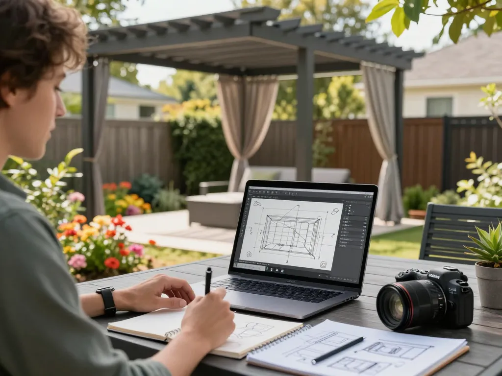 Designing a pergola 3D planner in a vibrant backyard setup.