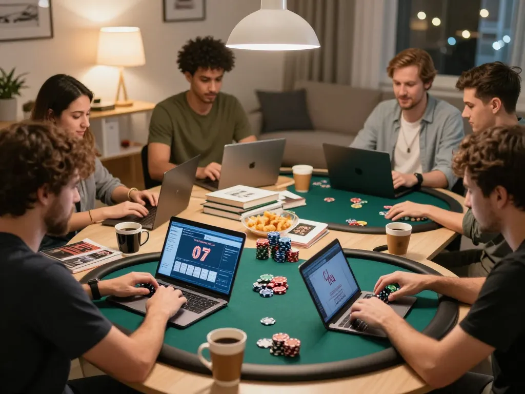 Players strategizing in an online SC88 poker game at home, with vibrant gaming setup and atmosphere