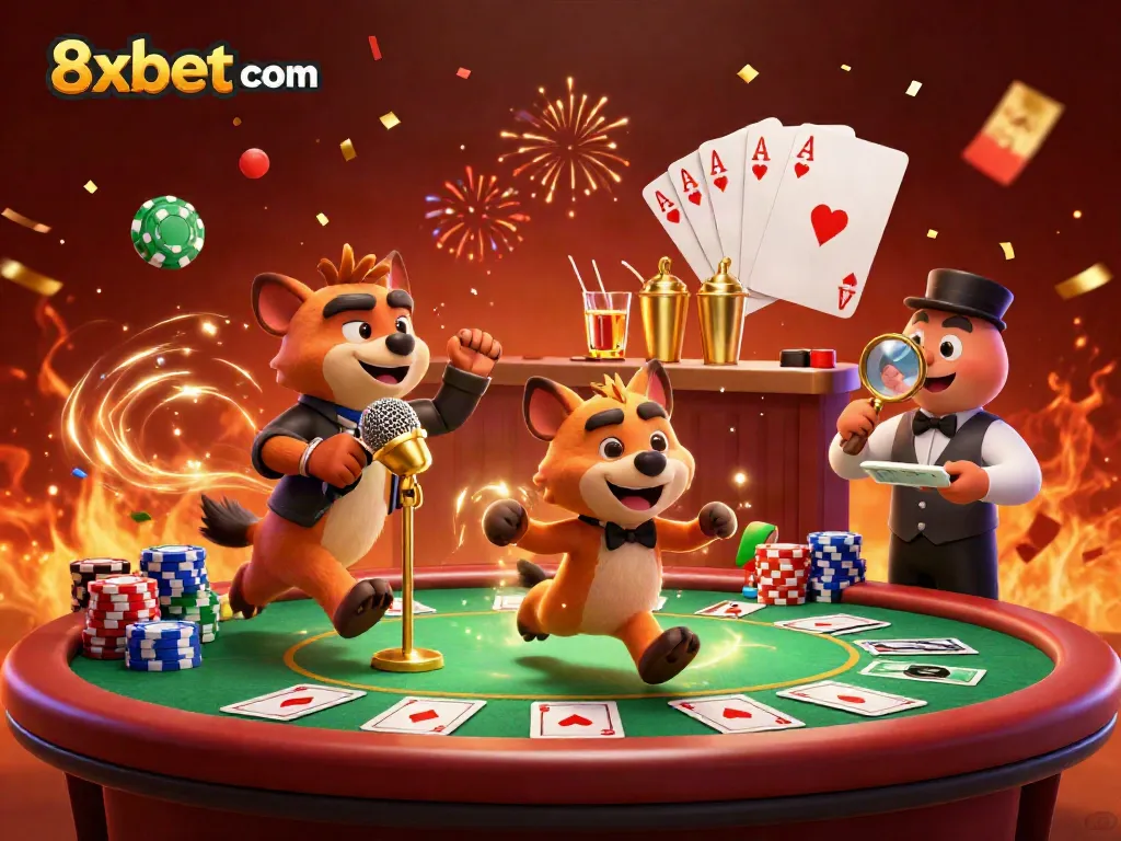 Experience the vibrant comedy casino scene at 8xbet com with animated hyenas, poker elements, and gold confetti.