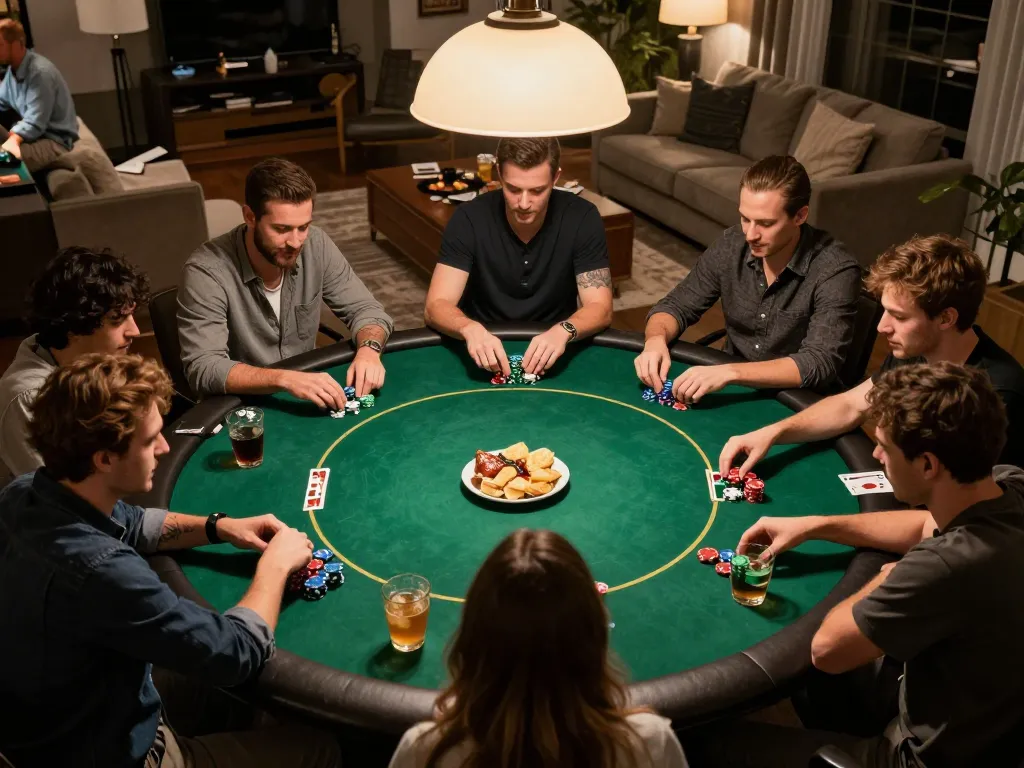 Friends playing poker at home with G28 gaming ambiance, showcasing intensity and strategy.