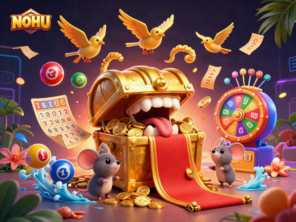 Engage with the NOHU casino adventure featuring a golden treasure chest, vibrant lottery elements, and a dynamic scene.