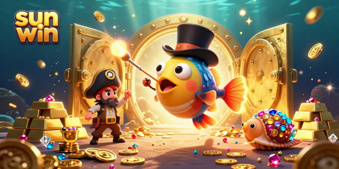 Win big with sun win themed 3D illustration showcasing golden treasures and vibrant characters.
