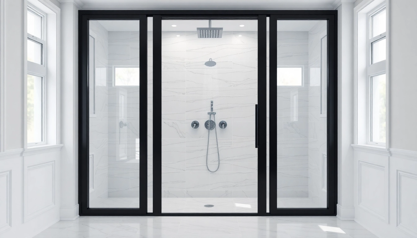 Elegant black frame shower doors enhance the modern bathroom design with premium black and glass features.