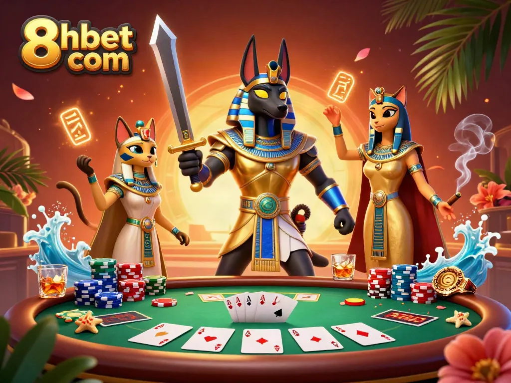 Engage in thrilling poker gameplay at 8xbet com with Anubis and Bastet in a vibrant scene.