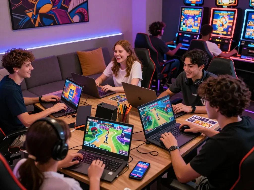 Engaged players enjoying the hit club gaming experience at a vibrant gaming lounge, showcasing diverse games and a friendly atmosphere.