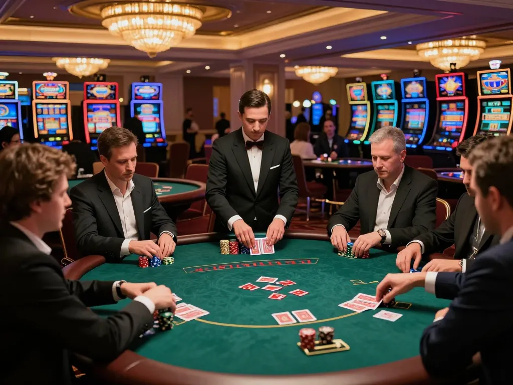 Players engaging at Rikvip's high-stakes poker tables with vibrant casino ambiance.