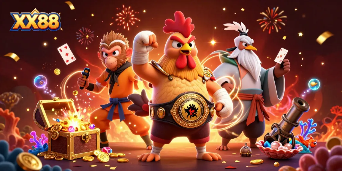 Experience vibrant casino fun with XX88 in an energetic 3D illustration featuring unique characters.