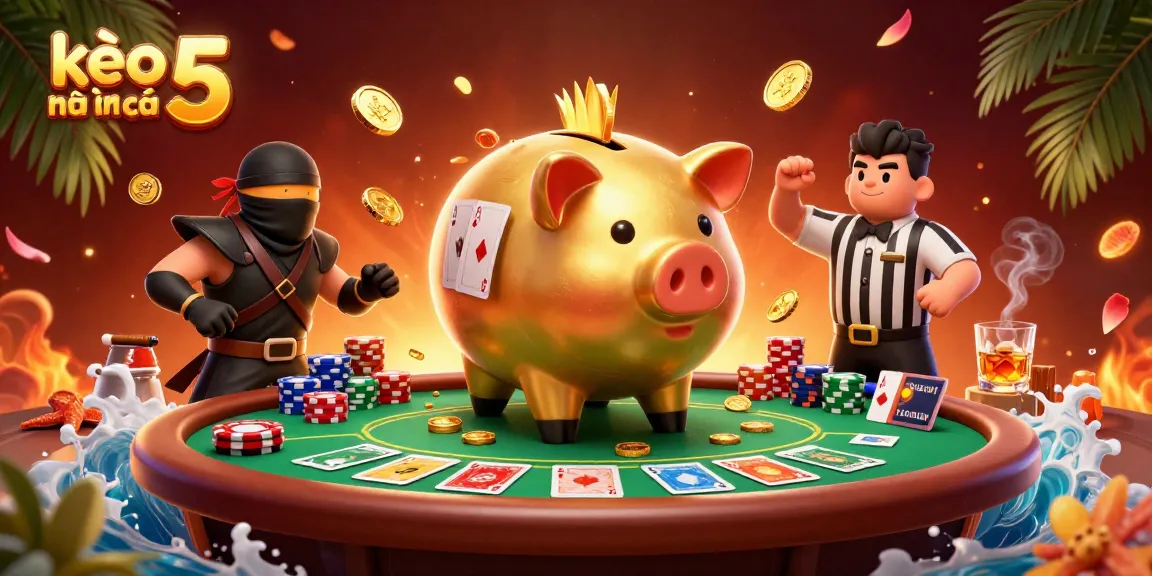 Engage with kèo nhà cái 5 in a dynamic casino scene featuring characters and poker elements.