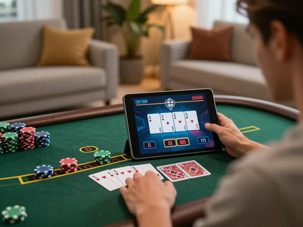 Engaging in thrilling blackjack action on the 8kbet online platform, showcasing a modern gaming setup.