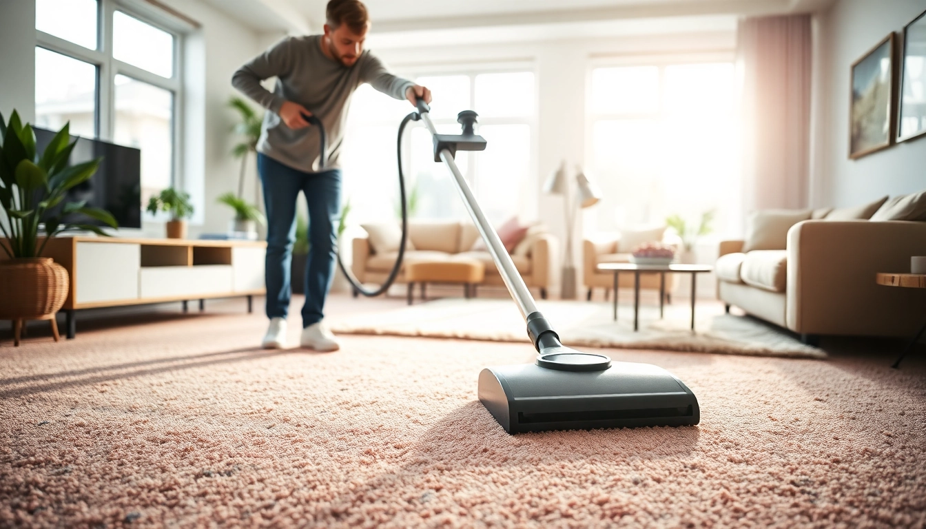 Professional carpet cleaning showcasing an expert technician revitalizing plush carpets in a bright living room.