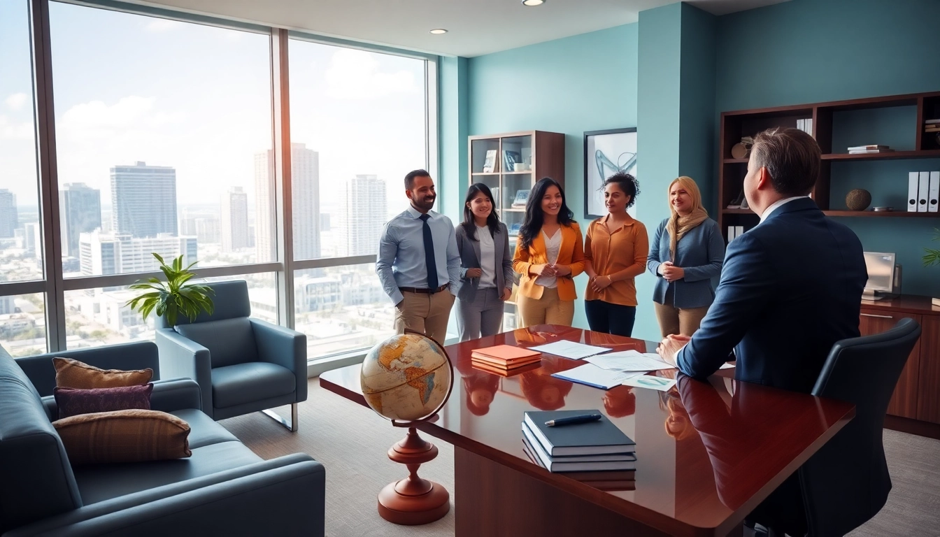 An immigration lawyer in the US consulting with diverse clients in a modern office.