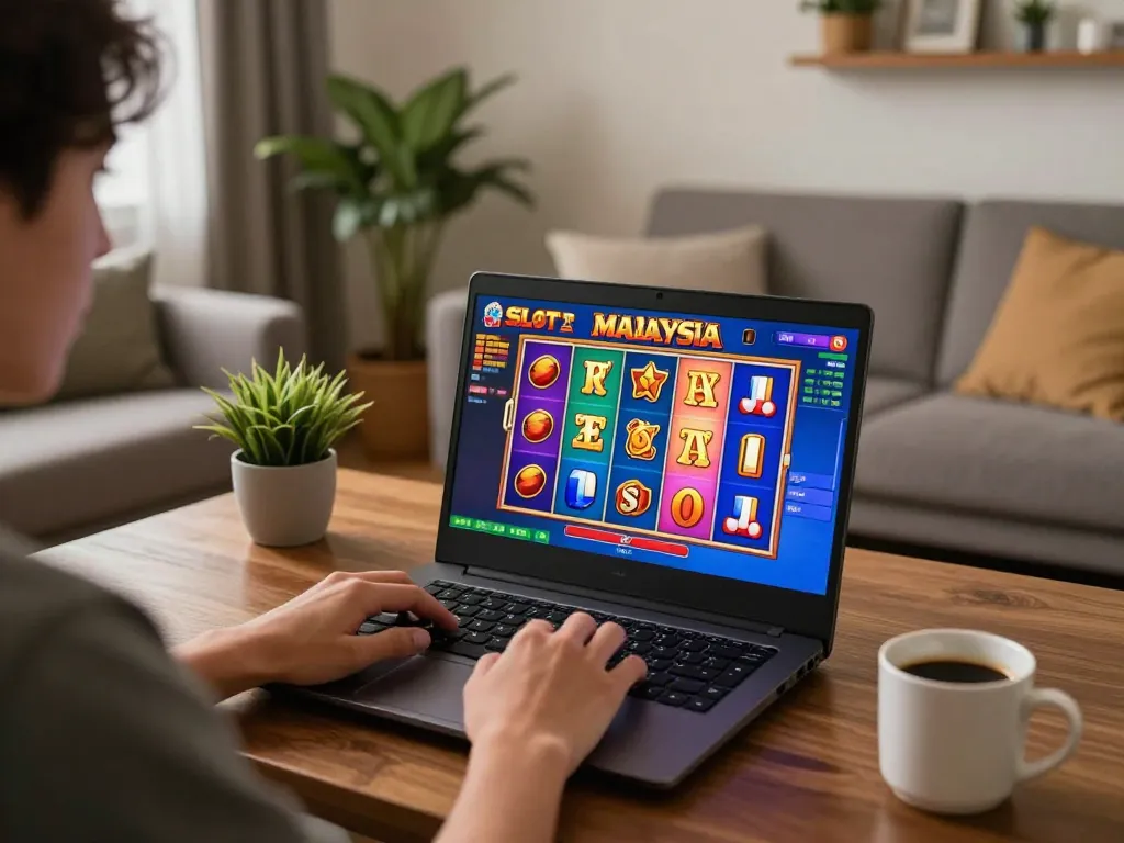 Engaging Slot Malaysia gaming experience at home with animated reels on laptop.