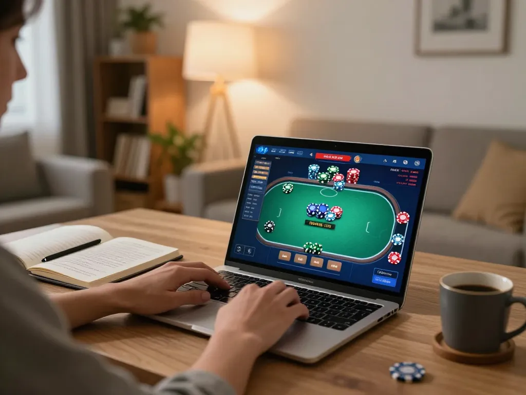Kuwin player strategizing over online casino poker game, showcasing cozy gaming setup