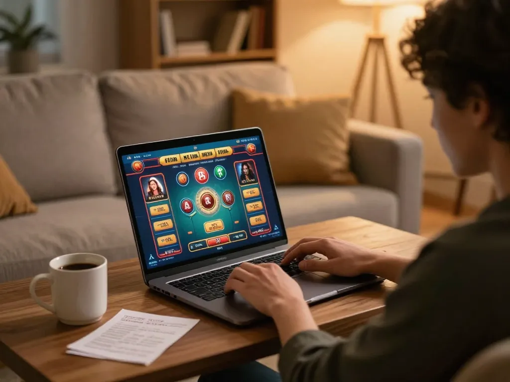 Engaging in online gambling at home on https://kp88.space/ with a laptop, warm atmosphere, and strategy notes.
