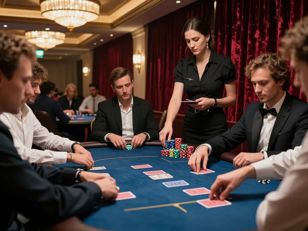 7m poker players strategizing over high stakes table with dramatic lighting