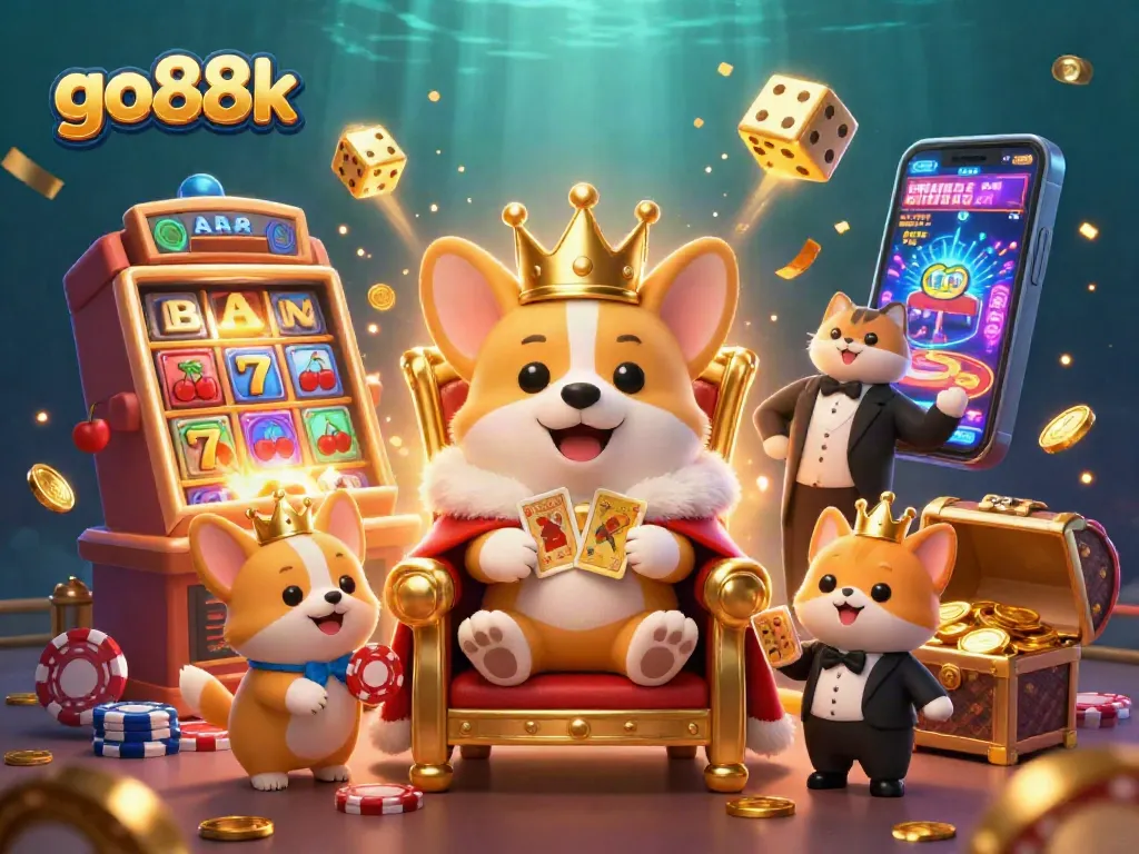 Experience go88k's exciting world with a royal corgi on a throne of poker chips surrounded by vibrant casino elements.