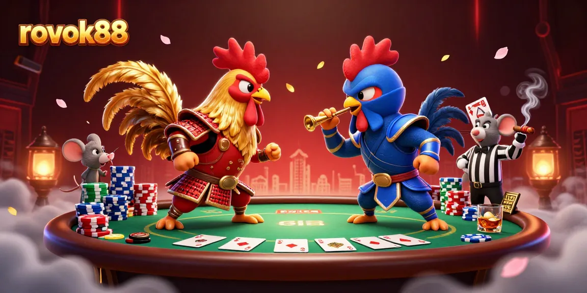 Win big with rokok88 at a dynamic poker showdown featuring action-packed roosters and vibrant game elements.