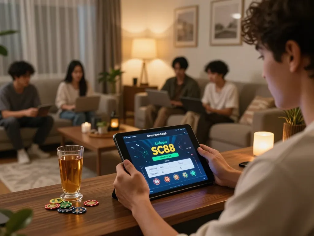Join the excitement as you đăng ký SC88, featuring an engaging online gaming setup with a tablet display and cozy home atmosphere.
