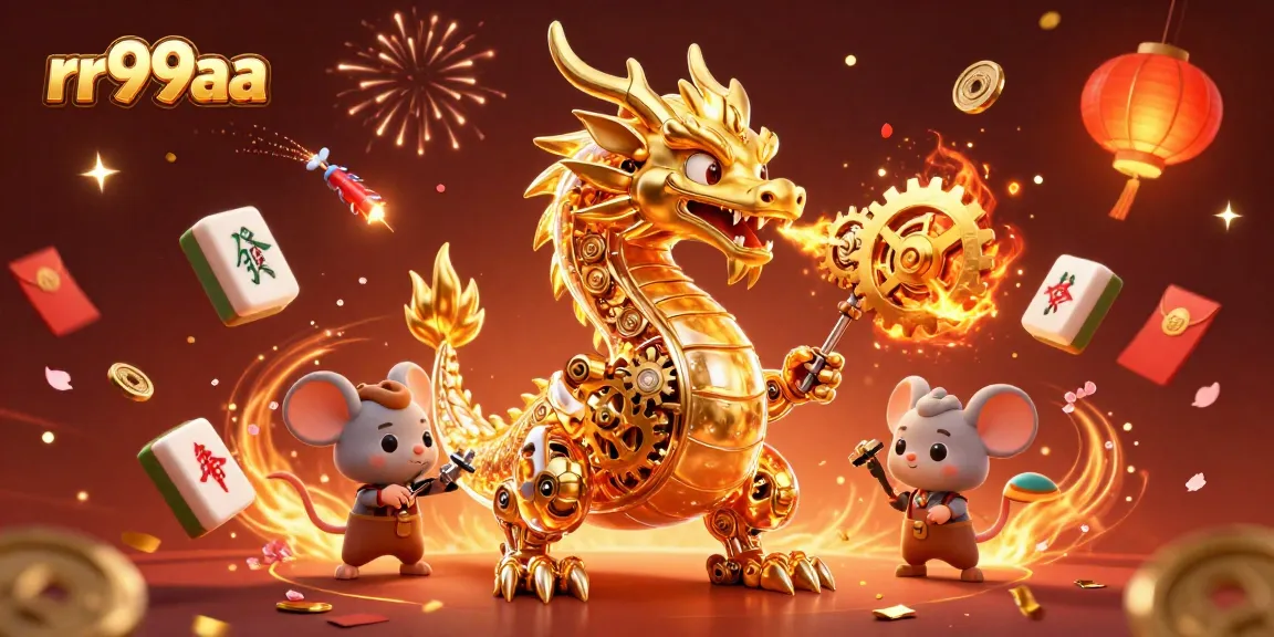 Join the excitement at rr99aa with a vibrant 3D dragon breathing golden gears, embodying the ultimate casino fun.