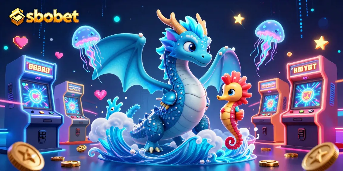 Engage in sbobet gaming adventures with a vibrant scene featuring a majestic azure dragon and magical jellyfish.