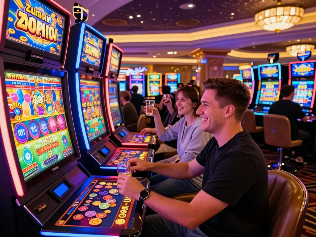 A player at Zumospin Casino celebrating with a zumospin bonuscode win surrounded by vibrant lights and friends.
