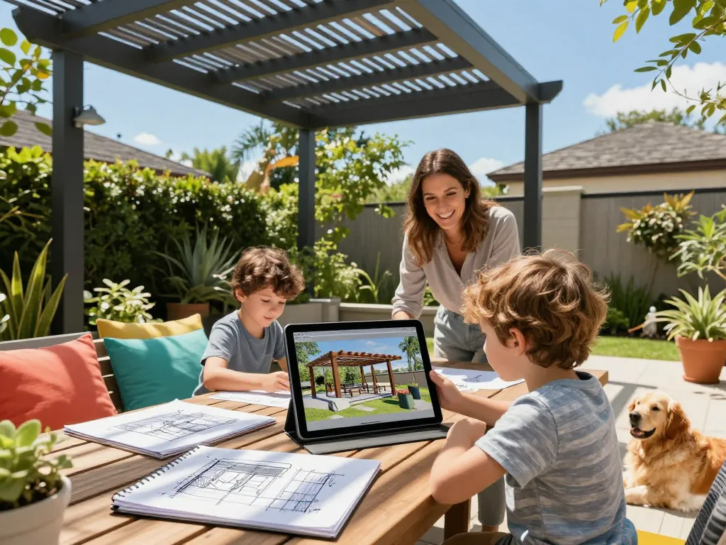 Interactive pergola configurator scene showcasing a family designing their perfect outdoor space with joy.