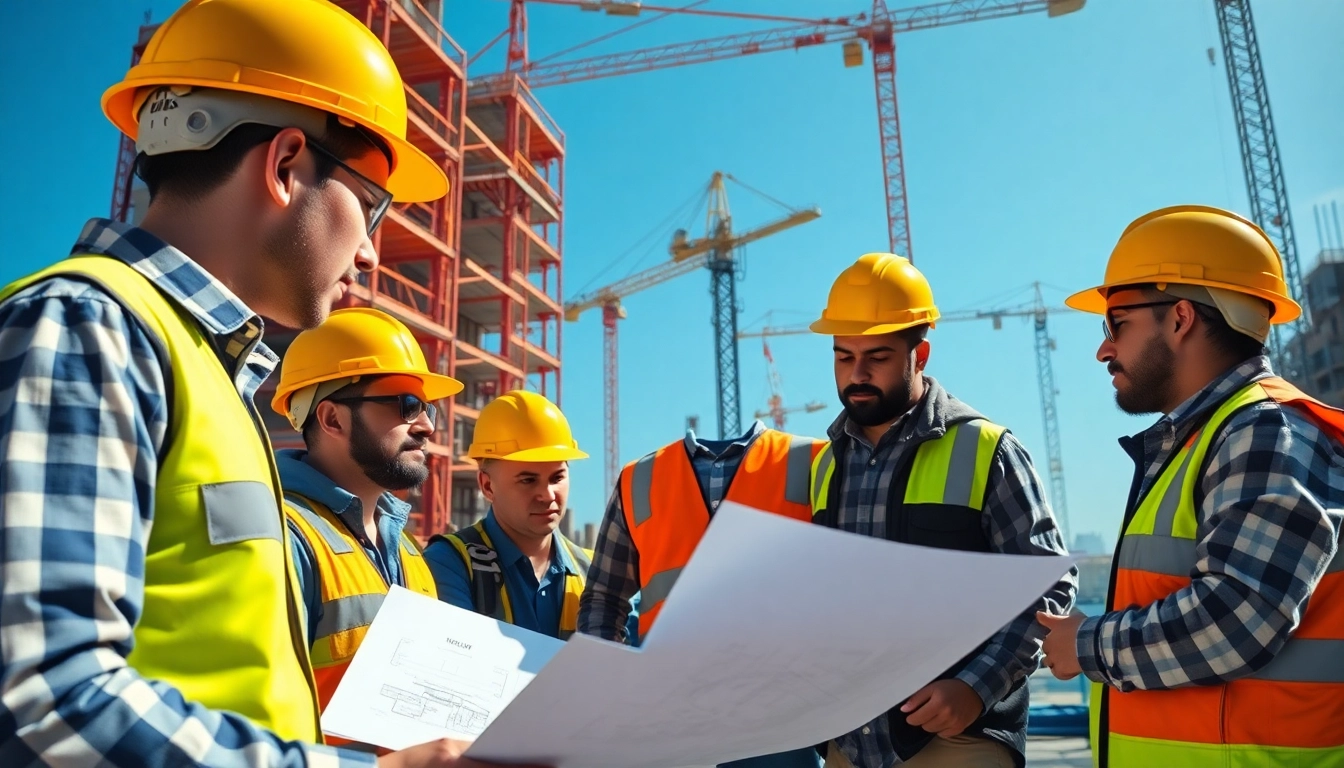 Workers collaborating on a construction project led by New York Commercial General Contractor amidst cranes and blueprints.