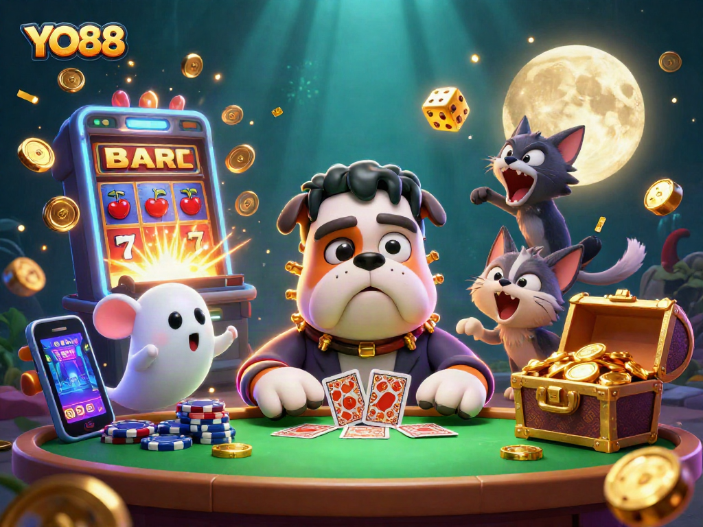 Experience the thrill of YO88 with a monster dealing cards amid a jackpot explosion in this vibrant casino scene.