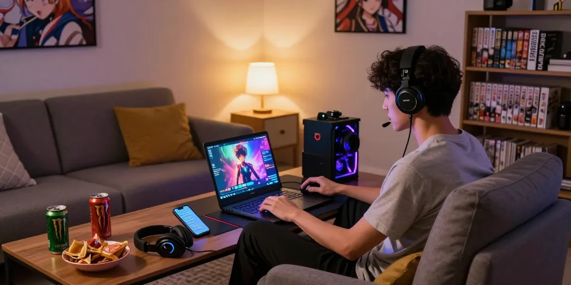 Player enjoying online hentai games in a cozy living room at night with snacks and anime decor.