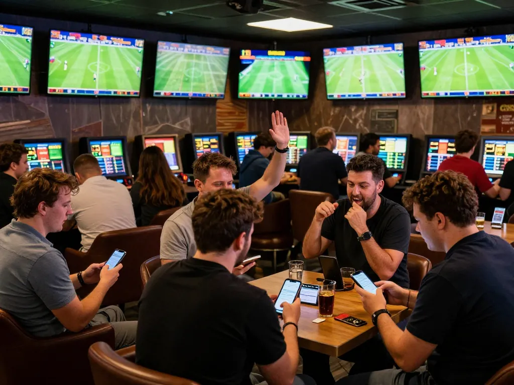 Bongdalu users engaging with live football odds in a vibrant betting lounge atmosphere