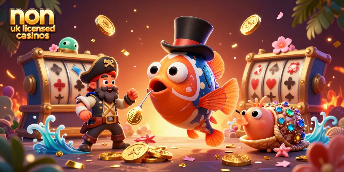 Win big at non uk licensed casinos with a thrilling 3D cartoon scene featuring vibrant characters and dynamic gambling elements.