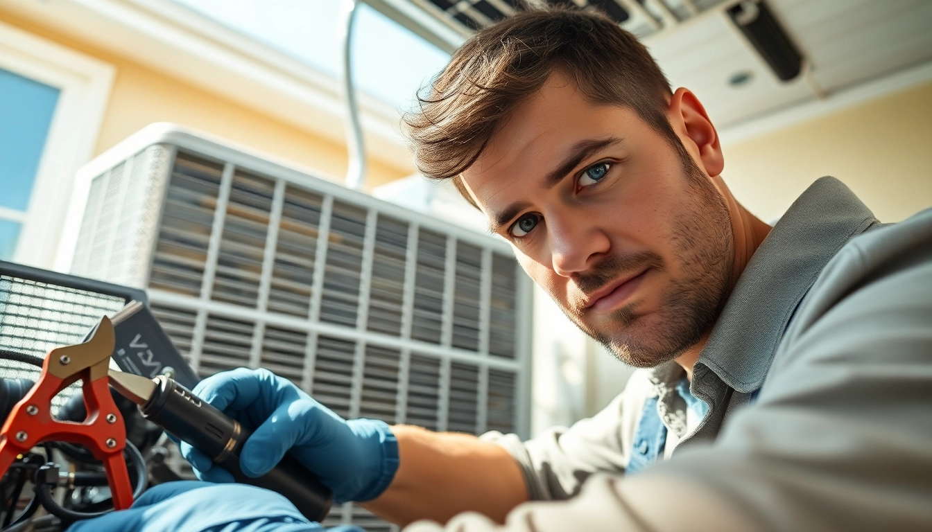 Technician engaged in Air Conditioning Repair Tampa with tools and equipment in a home setting.