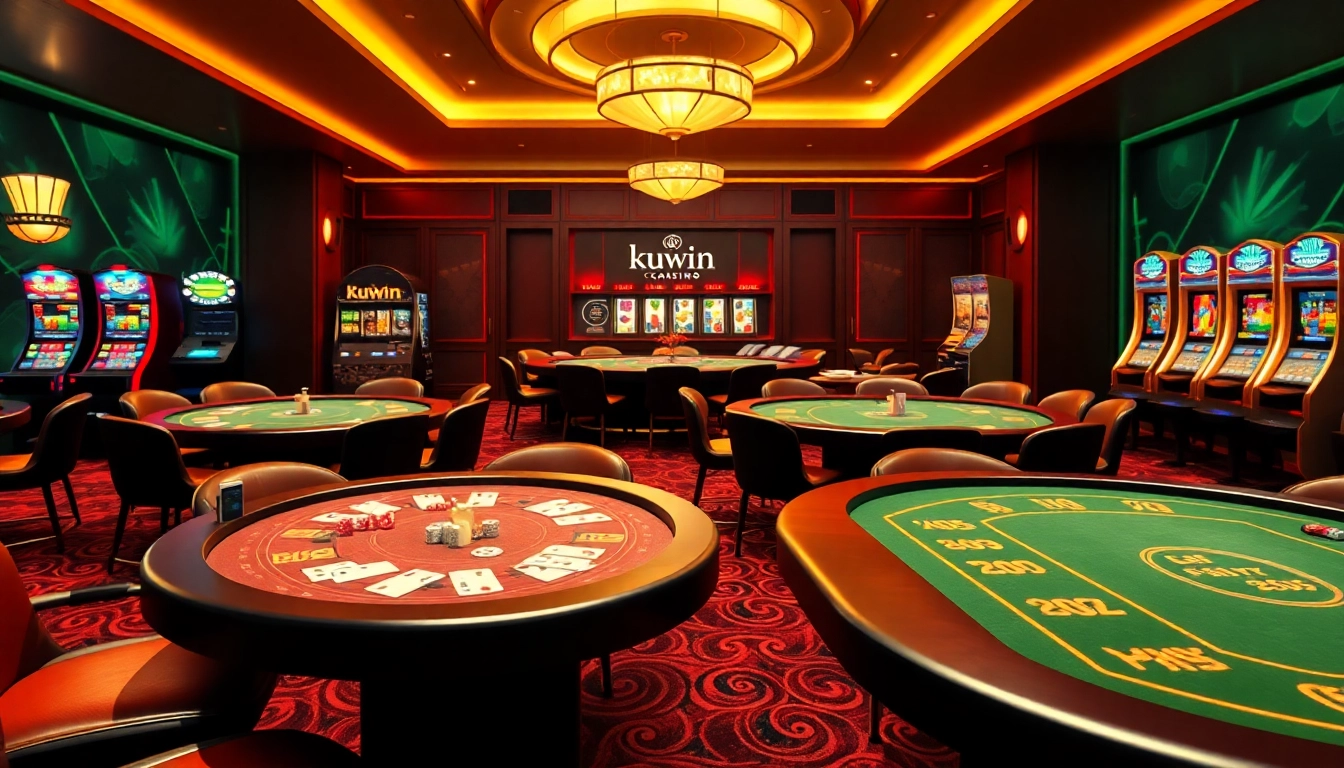 Kuwin.com offers a vibrant scene of casino excitement with players engaging in poker and slot games, showcasing strategic play.