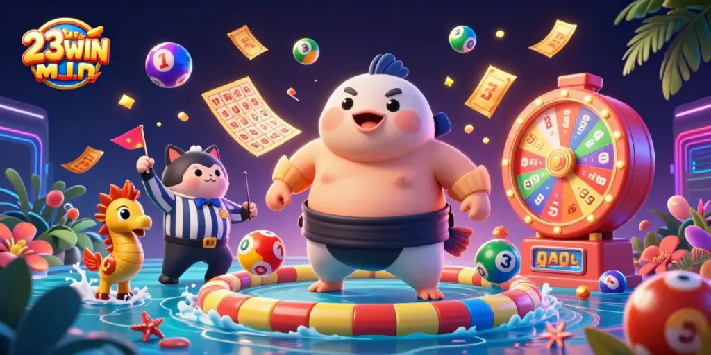 Experience the excitement of 23WIN with a lively underwater casino scene featuring colorful game elements.