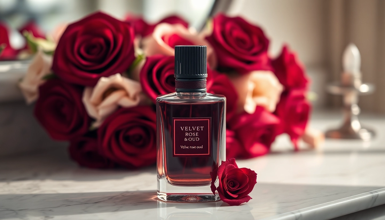 Showcase of Velvet rose & oud fragrance bottle amidst elegant floral surroundings