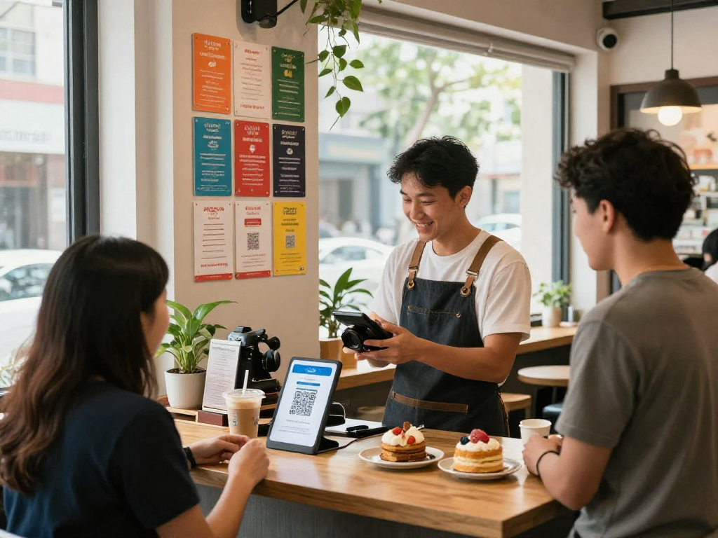 Loyalty program engagement at a café with customers scanning QR codes for rewards in a vibrant atmosphere.