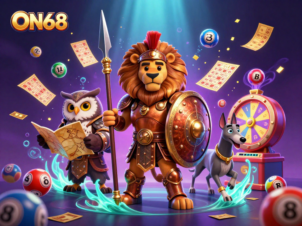 Engage with ON68's thrilling virtual casino world featuring a heroic Spartan lion, tactical owl, and swift greyhound.