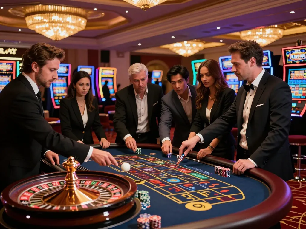 Players experiencing the thrill of roulette at shbet casino, vibrant casino floor filled with excitement