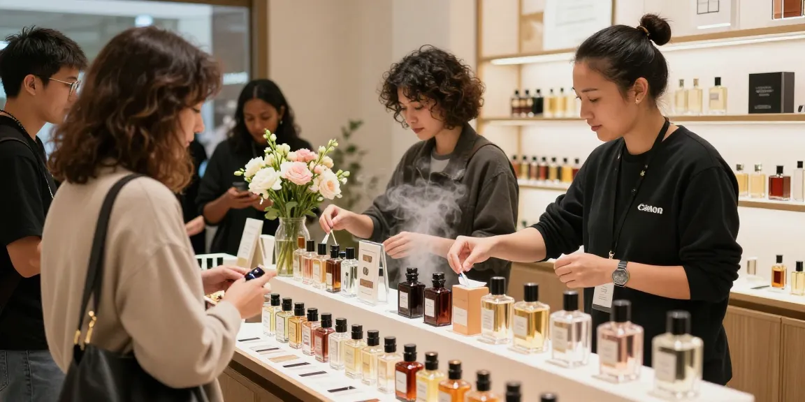 Shopping for affordable perfumes at a vibrant retail display, fragrance samples and engaging atmosphere.