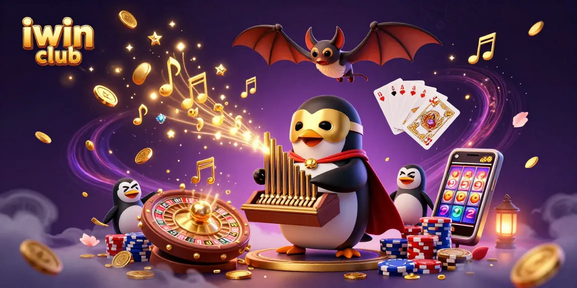 Experience exciting gameplay at iwin club with a vibrant 3D scene of a penguin organist amidst casino delights.