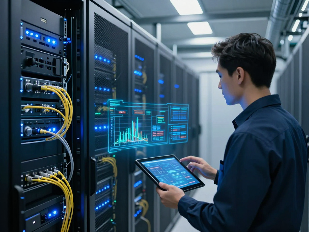 An illustration of an IPTV reseller panel setup in a modern data centre, featuring advanced cloud computing technology and robust cybersecurity measures.