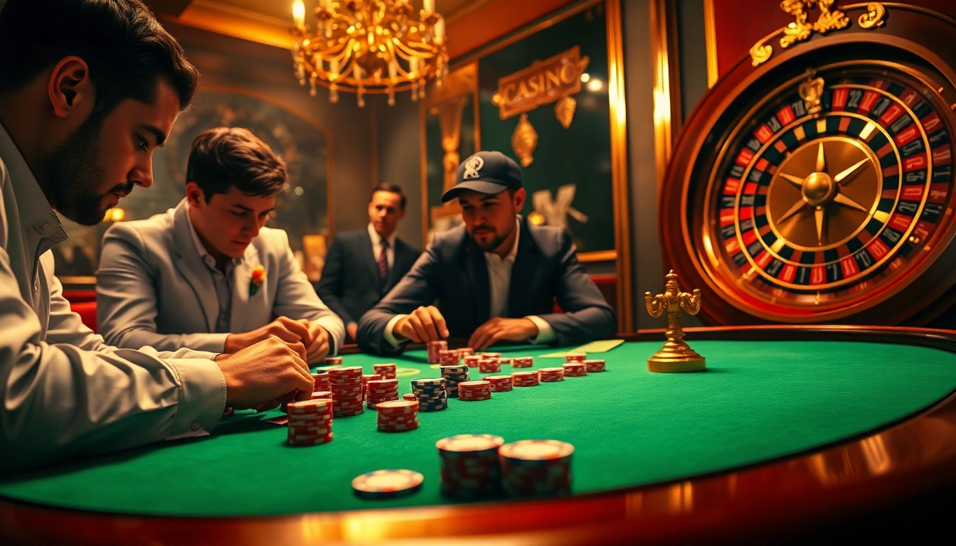 Players engaged in a high-stakes poker game highlighting https://sky88sa.com/ and casino excitement.