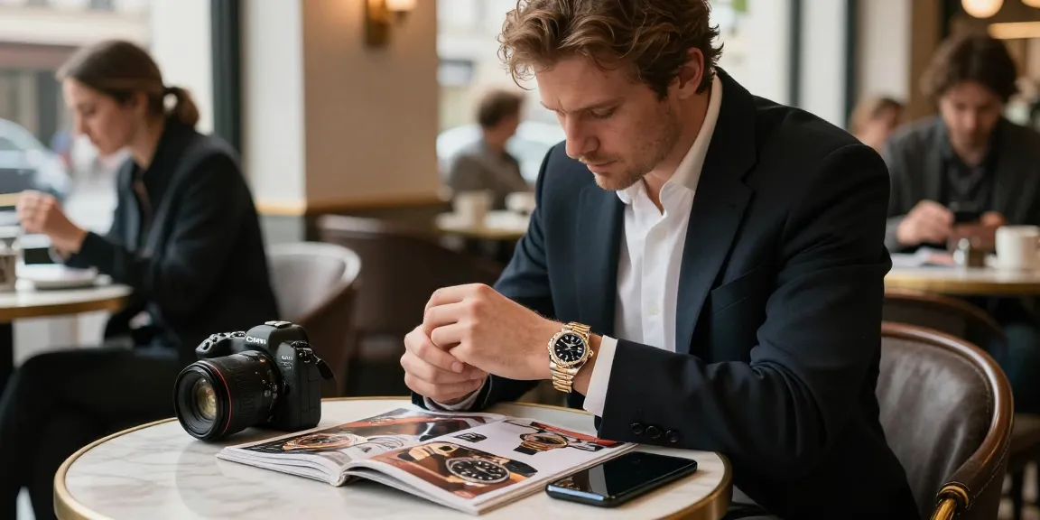 Close-up of a rolex replica on a watch enthusiast's wrist in a stylish café.