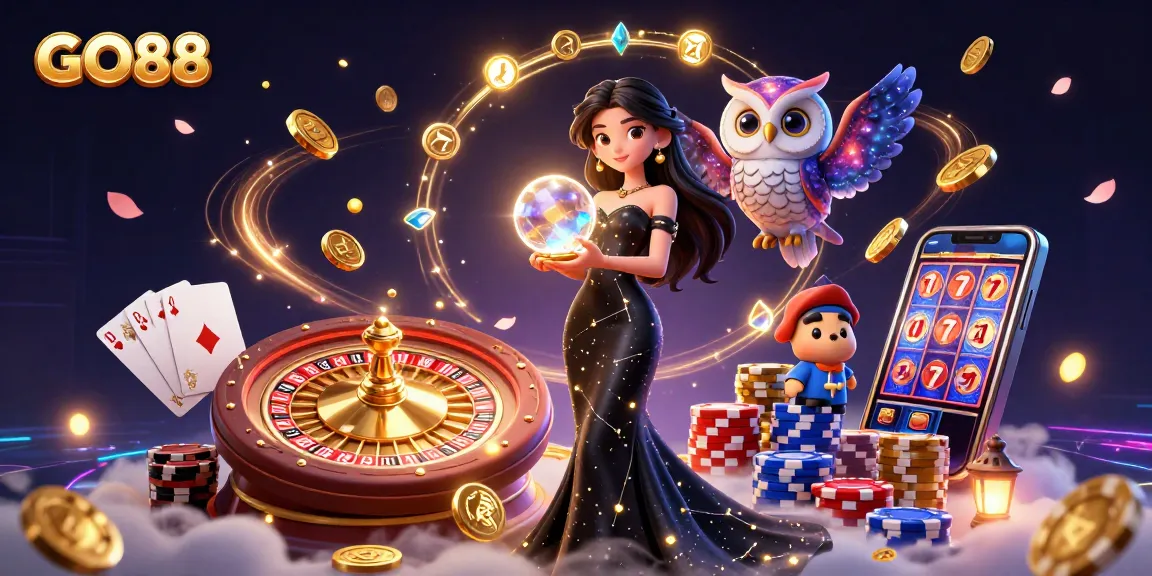 Experience winning strategies at GO88 with a captivating 3D casino scene showcasing dynamic gaming elements.