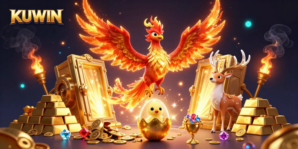 KUWIN showcases vibrant gambling elements with phoenix and treasures in a dynamic casino scene.