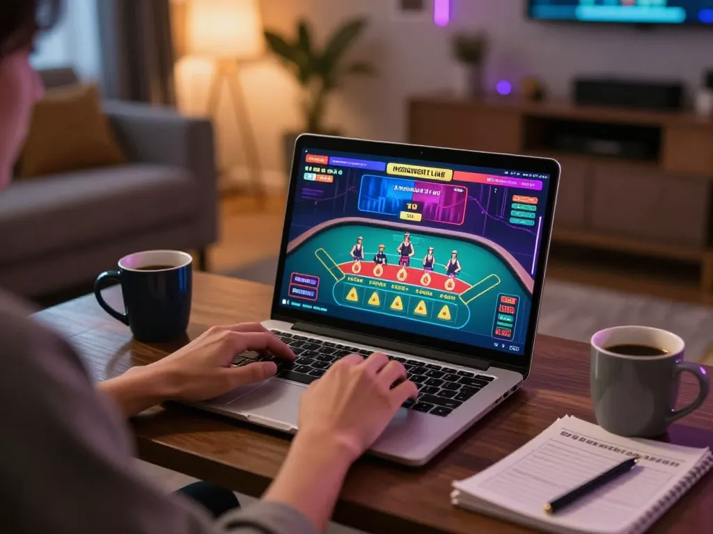 Person engaging in live dealer games on Ko66's online platform at home, showcasing modern gaming setup.
