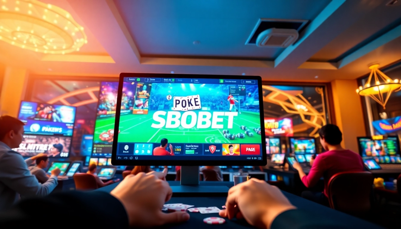 Engaging online gaming scene with sbobet.dance showcasing poker and sports betting.